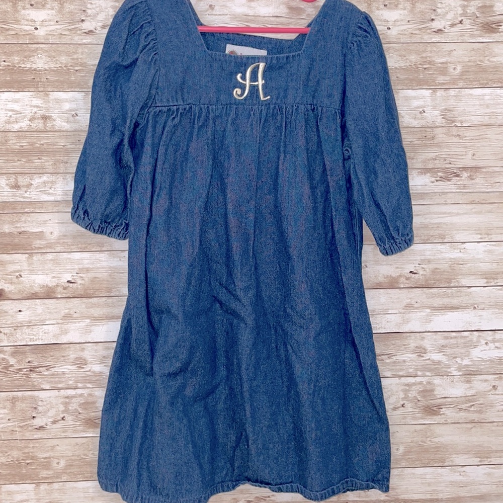 Girls a-line monogrammed letter A jean dress